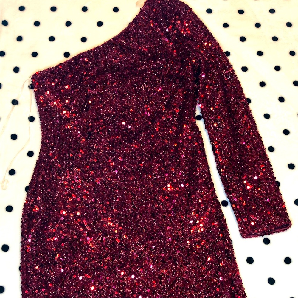 Red Sequin One Sleeve Cocktail Dress